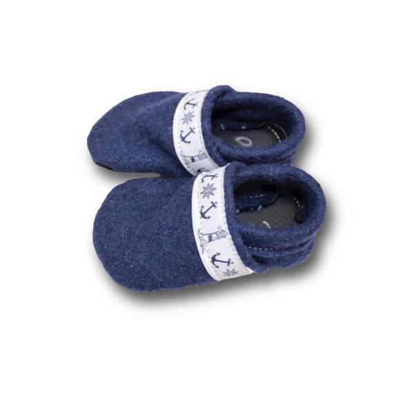 Walkloden-Puschen blau mit Webband Anker